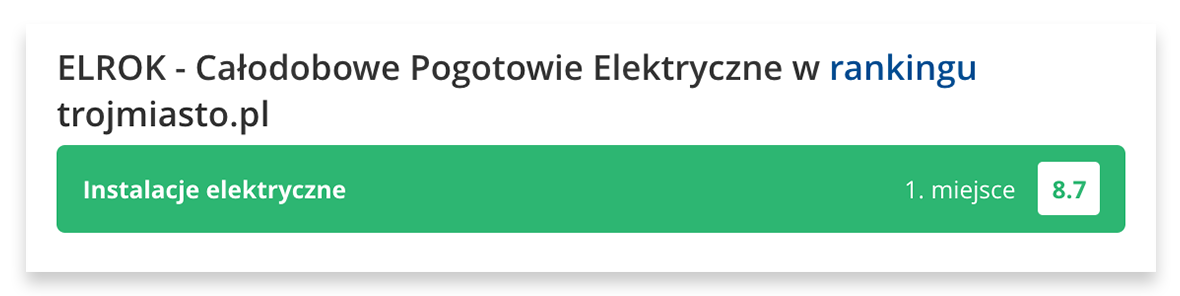 Całodobowe Pogotowie Elektryczne 1. miejsce w rankingu Instalacje Elektryczne trojmiasto.pl